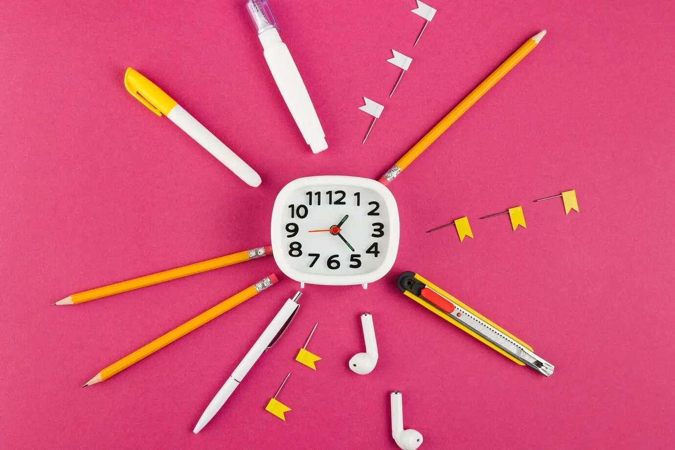 Overhead view of a desk with a clock and a variety of pens and pencils.