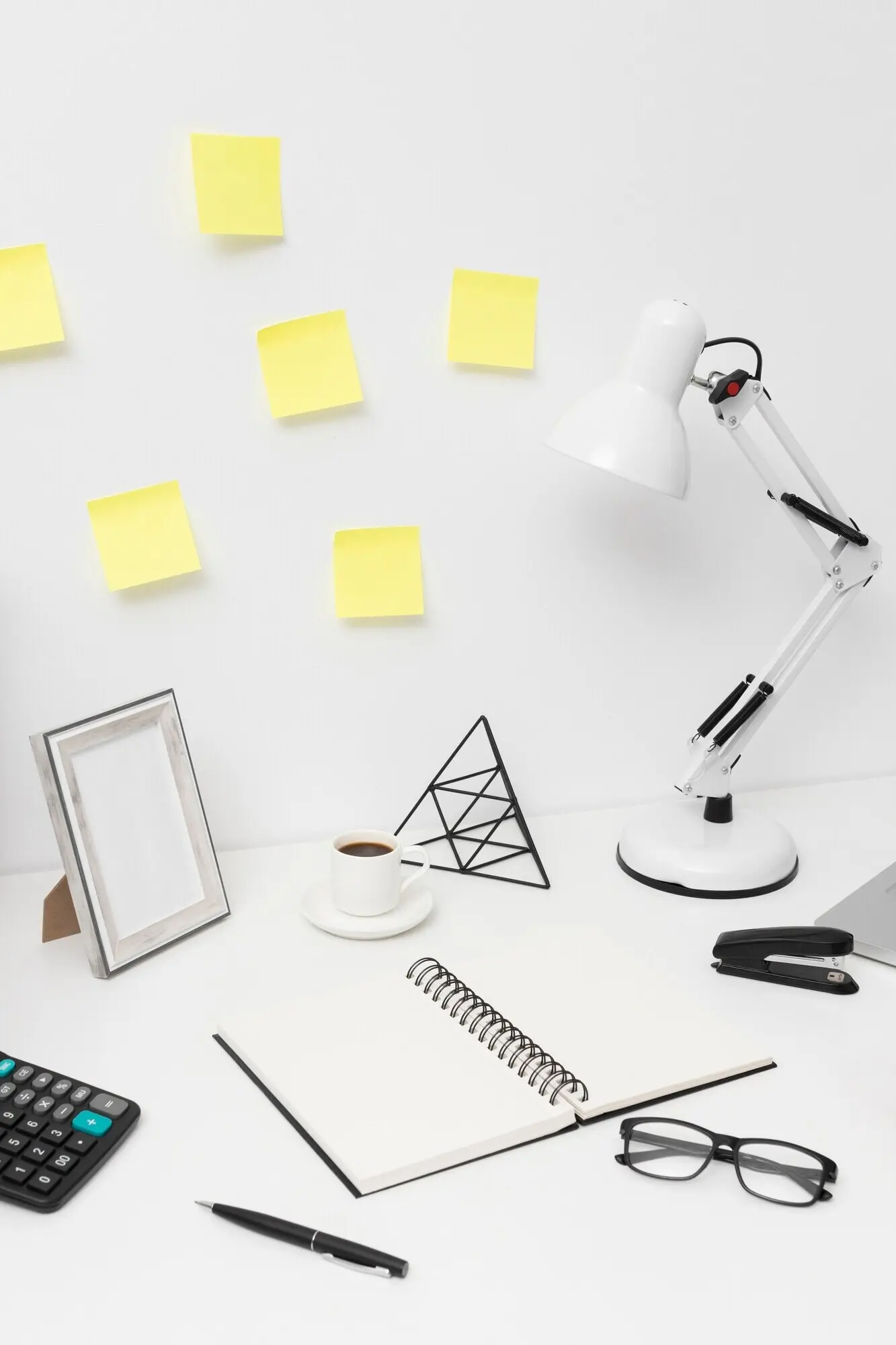Assortment of desk items on a white background
